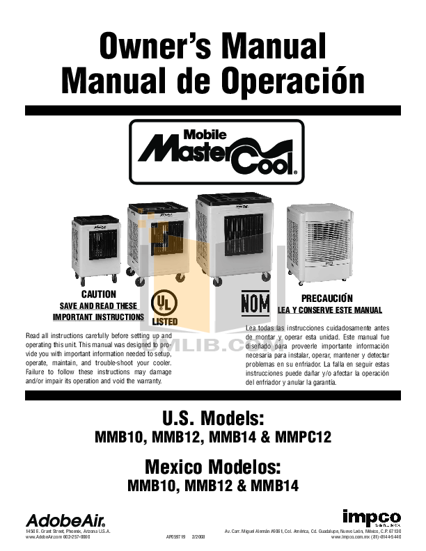 Download free pdf for Adobeair MasterCool MMB14 Air Conditioner manual